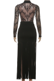 Black Sexy Solid Color Fringed Trim Mesh Turndown Collar Long Sleeve Two Pieces
