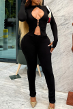 Black Sexy Solid Color Hollow Out O Neck Long Sleeve Two Pieces