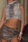 Grey Sexy Solid Color Zipper Turtleneck Tops