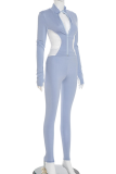 Blue Casual Solid Color Zipper Contrast Zipper Collar Long Sleeve Two Pieces