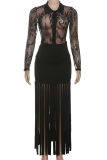 Black Sexy Solid Color Fringed Trim Mesh Turndown Collar Long Sleeve Two Pieces