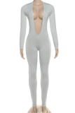 Grey Sexy Solid Color Patchwork Deep V Neck Skinny Jumpsuits