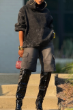 Black Casual Solid Color Pocket Hooded Tops