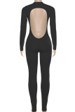 Grey Sexy Solid Color Patchwork Deep V Neck Skinny Jumpsuits
