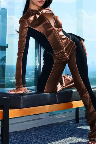Dark Brown Casual Solid Color Contrast O Neck Long Sleeve Two Pieces