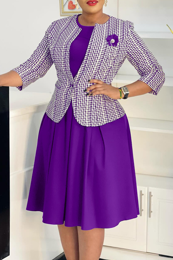 Purple Elegant Print Patchwork O Neck Three Quarter Two Pieces