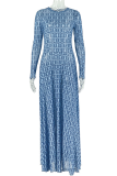 Blue Black Sexy Print Patchwork O Neck Long Dresses