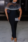 Black Sexy Solid Color Beading O Neck Half Sleeve Two Pieces