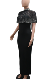 Black Sexy Solid Color Beading O Neck Half Sleeve Two Pieces