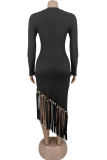 Dark Blue Elegant Solid Color Fringed Trim O Neck Irregular Dresses