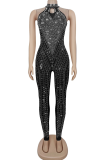 Black Sexy Solid Color Hot Drill O Neck Skinny Jumpsuits
