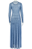 Blue Black Sexy Print Patchwork O Neck Long Dresses