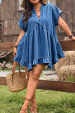 Blue Casual Solid Color Ruched V Neck Plus Size Dresses