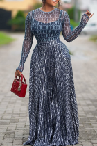 Blue Black Sexy Print Patchwork O Neck Long Dresses