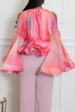 Pink Sexy Print Flounce O Neck Tops