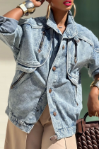 Blue Casual Solid Color Distressed Pocket Turndown Collar Long Sleeve Loose Denim Jacket