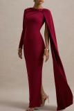 Red Elegant Solid Color Slit O Neck Long Dresses