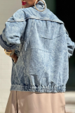 Blue Casual Solid Color Distressed Pocket Turndown Collar Long Sleeve Loose Denim Jacket