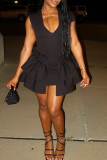 Black Sexy Solid Color Flounce V Neck A Line Dresses