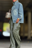 Blue Casual Solid Color Buckle Mandarin Collar Long Sleeve Loose Denim Jacket