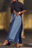 Blue Casual Print Contrast Loose Denim Jeans