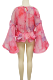 Pink Sexy Print Flounce O Neck Tops