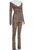 Leopard Print Sexy Leopard Print Patchwork O Neck Long Sleeve Two Pieces