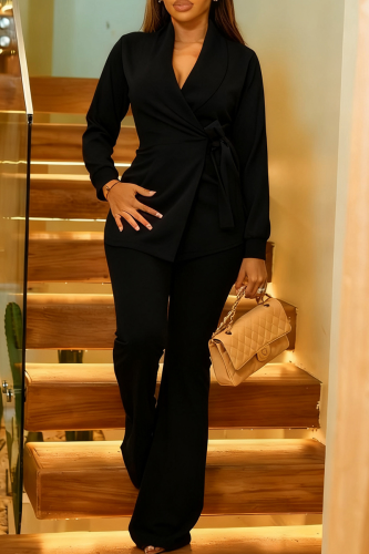 Black Casual Solid Color Strap Design Turn-back Collar Long Sleeve Two Pieces