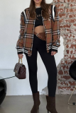 Dark Coffee Casual Plaid Zipper Zipper Collar Outerwear