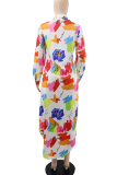 White Casual Print Buckle Shirt Collar Shirt Dresses
