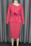 Watermelon Red Elegant Solid Color Flower Shape Oblique Collar Pencil Skirt Dresses