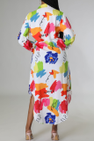 White Casual Print Buckle Shirt Collar Shirt Dresses