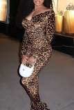 Leopard Print Sexy Leopard Print Patchwork O Neck Long Sleeve Two Pieces