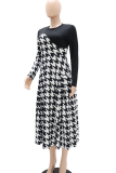 Black And White Casual Print Contrast O Neck Long Dresses