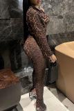 Dark Brown Sexy Leopard Print See-Through Deep V Neck Long Sleeve Two Pieces