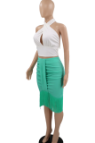 White Green Elegant Solid Color Fringed Trim Contrast Halter Sleeveless Two Pieces