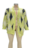 Green Casual Plaid Fringed Trim V Neck Outerwear