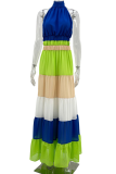 Multicolor Casual Vacation Colorblock Contrast O Neck Long Dresses