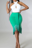 White Green Elegant Solid Color Fringed Trim Contrast Halter Sleeveless Two Pieces