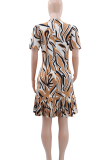 Brown Hazel Casual Print Patchwork O Neck Long Dresses