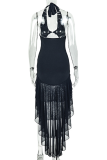Black Sexy Solid Color Backless Flower Shape Halter Long Dresses
