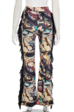 Black Casual Print Fringed Trim Boot Cut Mid Waist Patchwork Bottoms