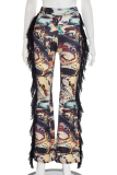 Black Casual Print Fringed Trim Boot Cut Mid Waist Patchwork Bottoms