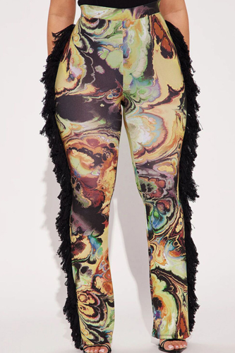 Black Casual Print Fringed Trim Boot Cut Mid Waist Patchwork Bottoms