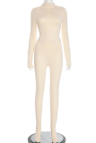 Apricot Casual Solid Color Patchwork O Neck Long Sleeve Two Pieces