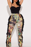 Black Casual Print Fringed Trim Boot Cut Mid Waist Patchwork Bottoms