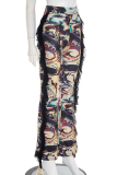 Black Casual Print Fringed Trim Boot Cut Mid Waist Patchwork Bottoms
