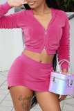 Rose Red Casual Solid Color Zipper Hooded Long Sleeve Two Pieces