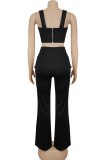 Black Sexy Solid Color Patchwork Spaghetti Strap Sleeveless Two Pieces