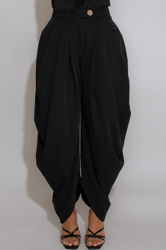 Black Casual Solid Color Ruched Loose Patchwork Bottoms